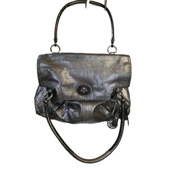 Coach Ltd Ed Hamptons Metallic Flap LG Carryall Tote Bag Satchel Silver RARE EUC - Picture 1 of 16